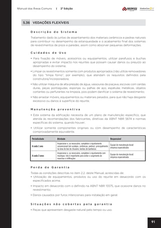 Manual das Áreas Comuns

|

2ª Edição

5.36	 VEDAÇÕES FLEXÍVEIS
Descrição do Sistema
Tratamento dado às juntas de assentamento dos materiais cerâmicos e pedras naturais
para contribuir no desempenho da estanqueidade e o acabamento final dos sistemas
de revestimentos de pisos e paredes, assim como absorver pequenas deformações.
Cuidados de Uso
• Para fixação de móveis, acessórios ou equipamentos, utilizar parafusos e buchas
apropriadas e evitar impacto nos rejuntes que possam causar danos ou prejuízo ao
desempenho do sistema;
• Limpar os revestimentos somente com produtos apropriados (não utilize removedores
do tipo “limpa forno”, por exemplo), que atendam os requisitos definidos pela
construtora/incorporadora;
• Não utilizar máquina de alta pressão de água, vassouras de piaçava, escovas com cerdas
duras, peças pontiagudas, esponjas ou palhas de aço, espátulas metálicas, objetos
cortantes ou perfurantes na limpeza, pois podem danificar o sistema de revestimento;
• Não arrastar móveis, equipamentos ou materiais pesados, para que não haja desgaste
excessivo ou danos à superfície do rejunte.
Manutenção preventiva	
• Este sistema da edificação necessita de um plano de manutenção específico, que
atenda às recomendações dos fabricantes, diretivas da ABNT NBR 5674 e normas
específicas do sistema, quando houver;
• Utilizar somente componentes originais ou com desempenho de características
comprovadamente equivalente.
Periodicidade

Atividade

Responsável

A cada 1 ano

Inspecionar e, se necessário, completar o rejuntamento
Equipe de manutenção local/
convencional (em azulejos, cerâmicas, pedras), principalmente
empresa especializada
na área do box do chuveiro, bordas de banheiras

A cada 2 anos

Inspecionar e, se necessário, completar o rejuntamento com
mastique. Isto é importante para evitar o surgimento de
manchas e infiltrações

Equipe de manutenção local/
empresa especializada

Perda de Garantia
Todas as condições descritas no item 2.2. deste Manual, acrescidas de:
• Utilização de equipamentos, produtos ou uso do rejunte em desacordo com os
especificados acima;
• Impacto em desacordo com o definido na ABNT NBR 15575, que ocasione danos no
revestimento;
• Danos causados por furos intencionais para instalação em geral.
Situações não cobertas pela garantia
• Peças que apresentem desgaste natural pelo tempo ou uso.

91

 