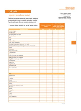 MANUAL DAS CANTINAS
                                                                                                                         ESCOLARES SAUDÁVEIS
                                                                                                           PROMOVENDO A ALIMENTAÇÃO SAUDÁVEL

Unidade 1
                                                                                                              “O futuro pertence aqueles
 Iniciando a Cantina Escolar Saudável                                                                           que acreditam na beleza
                                                                                                                       dos seus sonhos”
                                                                                                         (Eleanor Roosevelt, Diplomata
Você, dono ou dona de cantina, com certeza possui para venda,                                           e ativista dos direitos humanos)
em seu estabelecimento, uma grande variedade de produtos.
Vamos relacionar os alimentos vendidos na sua cantina?
                                                                                                  Possui propaganda
1) Nas listas abaixo, responda sim, ou não, ao que se pede.          O produto é vendido na     desse alimento (cartaz,
                                                                            cantina?          folheto, banner, promoção
                                                                                                    especial etc)?
                             Alimentos em Geral                        SIM           NÃO         SIM          NÃO
 Amendoim salgado
 Barra de cereal
 Biscoito de polvilho (tipo peta)
 Biscoito recheado
 Bolo
 Crepe
 Frutas in natura
 Frutas passas/ desidratadas                                                                                                               13
 Hambúrguer simples (pão e hambúrguer e/ou salada)
 Hambúrguer elaborado (pão, hambúrguer, ovo, salada, maionese etc)
 Iogurte
 Misto quente
 Pipoca de microondas
 Pipoca de panela
 Pizza
 Salada de fruta sem leite condensado
 Salada de fruta com leite condensado
 Salgadinho em pacote (tipo chips)
 Salgado folhado
 Salgado frito
 Salgado assado
 Sanduíche natural
 Outros (especificar):




 Doces
 Amendoim doce
 Balinha
 Casadinho
 Chiclete
 Chocolate/bombons
 Dindim
 Doce de leite (em barra ou em pasta)
 Maria mole
 Mousse
 Paçoquinha
 Picolé
 Pirulito
 Sorvete
 Outros (especificar):




                                                                                                                 continua
 