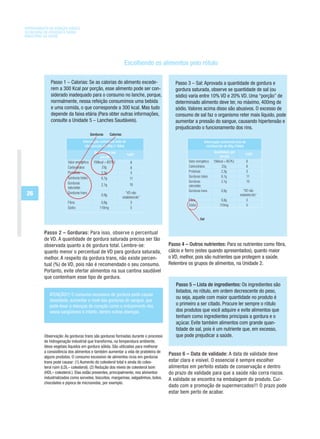 DEPARTAMENTO DE ATENÇÃO BÁSICA
SECRETARIA DE ATENÇÃO À SAÚDE
MINISTÉRIO DA SAÚDE




                                                                     Escolhendo os alimentos pelo rótulo

              Passo 1 – Calorias: Se as calorias do alimento excede-                      Passo 3 – Sal: Aprovada a quantidade de gordura e
              rem a 300 Kcal por porção, esse alimento pode ser con-                      gordura saturada, observe se quantidade de sal (ou
              siderado inadequado para o consumo no lanche, porque,                       sódio) varia entre 10% VD e 20% VD. Uma “porção” de
              normalmente, nessa refeição consumimos uma bebida                           determinado alimento deve ter, no máximo, 400mg de
              e uma comida, o que corresponde a 300 kcal. Mas tudo                        sódio. Valores acima disso são abusivos. O excesso de
              depende da faixa etária (Para obter outras informações,                     consumo de sal faz o organismo reter mais líquido, pode
              consulte a Unidade 5 – Lanches Saudáveis).                                  aumentar a pressão do sangue, causando hipertensão e
                                                                                          prejudicando o funcionamento dos rins.
                                           Gorduras      Calorias
                                   Informação nutricional bolo de
                                    côco/porção de 60g (1 fatia)
                                             Quantidade por
                                                                       %VD*
                                                 porção
                        Valor energético     156kcal = 657KJ             8
                        Carboidratos              23g                    8
                        Proteínas                 2,3g                   3
                        Gorduras totais           6,1g                   11
                        Gorduras                  2,1g                   10
                        saturadas
 26                     Gorduras trans
                                                  0,9g
                                                                      “VD não
                                                                    estabelecido”
                        Fibra                     0,8g                    3
                        Sódio                    110mg                    5




          Passo 2 – Gorduras: Para isso, observe o percentual
          de VD. A quantidade de gordura saturada precisa ser tão
          observada quanto a de gordura total. Lembre-se:                              Passo 4 – Outros nutrientes: Para os nutrientes como fibra,
          quanto menor o percentual de VD para gordura saturada,                       cálcio e ferro (estes quando apresentados), quanto maior
          melhor. A respeito da gordura trans, não existe percen-                      o VD, melhor, pois são nutrientes que protegem a saúde.
          tual (%) de VD, pois não é recomendado o seu consumo.                        Relembre os grupos de alimentos, na Unidade 2.
          Portanto, evite ofertar alimentos na sua cantina saudável
          que contenham esse tipo de gordura.
                                                                                          Passo 5 – Lista de ingredientes: Os ingredientes são
                                                                                          listados, no rótulo, em ordem decrescente do peso,
             ATENÇÃO!!! O consumo excessivo de gordura pode causar
                                                                                          ou seja, aquele com maior quantidade no produto é
             obesidade, aumentar o nível das gorduras do sangue, que
             pode levar a doenças do coração como o entupimento dos                       o primeiro a ser citado. Procure ler sempre o rótulo
             vasos sangüíneos e infarto, dentre outras doenças.                           dos produtos que você adquire e evite alimentos que
                                                                                          tenham como ingredientes principais a gordura e o
                                                                                          açúcar. Evite também alimentos com grande quan-
                                                                                          tidade de sal, pois é um nutriente que, em excesso,
          Observação: As gorduras trans são gorduras formadas durante o processo          que pode prejudicar a saúde.
          de hidrogenação industrial que transforma, na temperatura ambiente,
          óleos vegetais líquidos em gordura sólida. São utilizadas para melhorar
          a consistência dos alimentos e também aumentar a vida de prateleira de
                                                                                       Passo 6 – Data de validade: A data de validade deve
          alguns produtos. O consumo excessivo de alimentos ricos em gorduras
          trans pode causar: (1) Aumento do colesterol total e ainda do coles-         estar clara e visível. O essencial é sempre escolher
          terol ruim (LDL– colesterol). (2) Redução dos níveis de colesterol bom       alimentos em perfeito estado de conservação e dentro
          (HDL– colesterol.). Elas estão presentes, principalmente, nos alimentos      do prazo de validade para que a saúde não corra riscos.
          industrializados como sorvetes, biscoitos, margarinas, salgadinhos, bolos,   A validade se encontra na embalagem do produto. Cui-
          chocolates e pipoca de microondas, por exemplo.
                                                                                       dado com a promoção de supermercados!!! O prazo pode
                                                                                       estar bem perto de acabar.
 