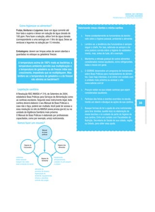 MANUAL DAS CANTINAS
                                                                                                                                ESCOLARES SAUDÁVEIS
                                                                                                                  PROMOVENDO A ALIMENTAÇÃO SAUDÁVEL



    Como higienizar os alimentos?
                                                                              Valorizando meus clientes e minha cantina
Frutas, Verduras e Legumes: lavar em água corrente até
tirar toda a sujeira e deixar em solução de água clorada de
100 ppm. Para fazer a solução, utilize 5ml de água clorada                          Treine constantemente os funcionários da lancho-
(correspondente a uma seringa) em 1 litro de água. Deixe as                         nete sobre a higiene pessoal, ambiental e alimentar.
verduras e legumes na solução por 15 minutos.
                                                                                    Lembre-se: a tendência dos funcionários é sempre
                                                                                    seguir o chefe. Por isso, estimule-os sempre a ter
Embalagens: devem ser limpas antes de serem abertas e                               uma postura correta sobre a higiene do estabeleci-
guardadas no estoque ou geladeira/ freezer.                                         mento, mas, antes de tudo, dê o exemplo.

                                                                                    Mantenha a retirada gradual de outros alimentos
  A temperatura acima de 100ºc mata as bactérias; a                                 considerados menos saudáveis, como refrigerantes,
  temperatura ambiente permite sua multiplicação e                                  balas e doces em geral.
  a temperatura de geladeira ou do freezer inibe seu                                O SEBRAE desenvolve um programa de treinamento
   crescimento, impedindo que se multipliquem. Mas                                  sobre Boas Práticas para manipuladores de alimen-
 lembre-se: a temperatura de geladeira e a do freezer                               tos. Caso haja interesse, é só entrar em contato com
              não elimina as bactérias!!!                                           a unidade mais próxima ou acessar o site:
                                                                                    www.sebrae.com.br

 Legislação sanitária                                                               Procure visitar na sua cidade cantinas que sejam
A Resolução RDC ANVISA nº 216, de Setembro de 2004,                                 consideradas saudáveis.
estabelece Boas Práticas para Serviços de Alimentação como
as cantinas escolares. Segundo esse instrumento legal, toda                         Participe das feiras e eventos ocorridos na escola,
cantina deverá elaborar o seu Manual de Boas Práticas e,                            monte um stand e divulgue as ações da sua cantina.        33
caso não o faça, poderá ser multada. Você pode ter acesso a
essa resolução no site da ANVISA (www.anvisa.gov.br) ou na                          Busque formas de ter a ajuda de uma nutricionista
unidade da Vigilância Sanitária mais próxima.                                       para tirar dúvidas, auxiliá-lo(a) na elaboração de
O Manual de Boas Práticas é elaborado por profissionais                             novos lanches e no cuidado da parte da higiene da
capacitados, como por exemplo, um(a) nutricionista.                                 sua cantina. Entre em contato com Faculdades de
                                                                                    Nutrição, Secretaria de Saúde de sua cidade, região
 Vamos fazer um resumo?                                                             ou Estado, para obter essa ajuda.

                                   Manual
                                   de boas
                                   práticas




          Higiene do                                     Higiene dos
          Funcionário                                     Alimentos




uniformes                                           recebimento
                                  Higiene do
asseio pessoal                                      armazenamento
                                  Ambiente
lavagem das mãos                                    cuidados no pré-preparo
boas condições de saúde                             e preparo

                          utilização do
                          processo de limpeza;
                          higienização do
                          ambiente, equipamentos,
                          móveis e utensílios;
                          controle das pragas.
 