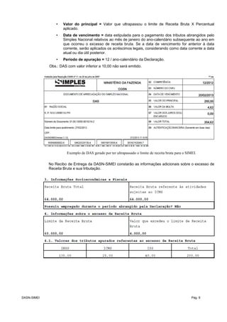 • Valor do principal = Valor que ultrapassou o limite de Receita Bruta X Percentual
aplicado.
• Data de vencimento = data estipulada para o pagamento dos tributos abrangidos pelo
Simples Nacional relativos ao mês de janeiro do ano-calendário subsequente ao ano em
que ocorreu o excesso de receita bruta. Se a data de vencimento for anterior à data
corrente, serão aplicados os acréscimos legais, considerando como data corrente a data
atual ou dia útil posterior.
• Período de apuração = 12 / ano-calendário da Declaração.
Obs.: DAS com valor inferior a 10,00 não será emitido.
Exemplo de DAS gerado por ter ultrapassado o limite de receita bruta para o SIMEI.
No Recibo de Entrega da DASN-SIMEI constarão as informações adicionais sobre o excesso de
Receita Bruta e sua tributação.
DASN-SIMEI Pág. 9
 