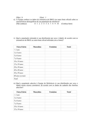 (Não) 0 (Sim) 1
u) A Equipe conhece os dados de estimativa do IBGE (ou outra fonte oficial) sobre as
características demográficas de sua população de referência?
(Não conhece) 0 1 2 3 4 5 6 7 8 9 10 (Conhece bem)
v) Qual a população estimada (e sua distribuição por sexo e idade), de acordo com as
estimativas do IBGE ou outra fonte oficial utilizada (cite a fonte)?
Faixa Etária Masculino Feminino Total
< 1 ano
1 a 4 anos
5 a 6 anos
7 a 9 anos
10 a 14 anos
15 a 19 anos
20 a 39 anos
40 a 49 anos
50 a 59 anos
60 anos ou mais
Total
w) Qual a população adscrita à Equipe de Referência (e sua distribuição por sexo e
idade) nestes setores censitários, de acordo com os dados do cadastro das famílias
adscritas?
Faixa Etária Masculino Feminino Total
< 1 ano
1 a 4 anos
5 a 6 anos
7 a 9 anos
10 a 14 anos
15 a 19 anos
 