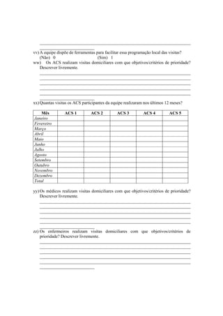 _____________________________________________________________________
_________________________
vv) A equipe dispõe de ferramentas para facilitar essa programação local das visitas?
(Não) 0 (Sim) 1
ww) Os ACS realizam visitas domiciliares com que objetivos/critérios de prioridade?
Descrever livremente.
_____________________________________________________________________
_____________________________________________________________________
_____________________________________________________________________
_____________________________________________________________________
_____________________________________________________________________
_________________________
xx) Quantas visitas os ACS participantes da equipe realizaram nos últimos 12 meses?
Mês ACS 1 ACS 2 ACS 3 ACS 4 ACS 5
Janeiro
Fevereiro
Março
Abril
Maio
Junho
Julho
Agosto
Setembro
Outubro
Novembro
Dezembro
Total
yy) Os médicos realizam visitas domiciliares com que objetivos/critérios de prioridade?
Descrever livremente.
_____________________________________________________________________
_____________________________________________________________________
_____________________________________________________________________
_____________________________________________________________________
_____________________________________________________________________
_________________________
zz) Os enfermeiros realizam visitas domiciliares com que objetivos/critérios de
prioridade? Descrever livremente.
_____________________________________________________________________
_____________________________________________________________________
_____________________________________________________________________
_____________________________________________________________________
_____________________________________________________________________
_________________________
 