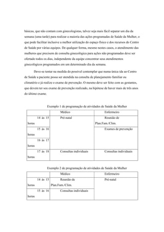 básicas, que não contam com ginecologistas, talvez seja mais fácil separar um dia da
semana (uma tarde) para realizar a maioria das ações programadas de Saúde da Mulher, o
que pode facilitar inclusive a melhor utilização do espaço físico e dos recursos do Centro
de Saúde por várias equipes. De qualquer forma, mesmo nestes casos, o atendimento das
mulheres que precisem de consulta ginecológica para ações não programadas deve ser
ofertado todos os dias, independente da equipe concentrar seus atendimentos
ginecológicos programados em um determinado dia da semana.
Deve-se tentar na medida do possível contemplar que numa única ida ao Centro
de Saúde a paciente possa ser atendida na consulta de planejamento familiar ou
climatério e já realize o exame de prevenção. O mesmo deve ser feito com as gestantes,
que devem ter seu exame de prevenção realizado, na hipótese de haver mais de três anos
do último exame.
Exemplo 1 de programação de atividades de Saúde da Mulher
Médico Enfermeiro
14 às 15
horas
Pré-natal Reunião de
Plan.Fam./Clim.
15 às 16
horas
Exames de prevenção
16 às 17
horas
17 às 18
horas
Consultas individuais Consultas individuais
Exemplo 2 de programação de atividades de Saúde da Mulher
Médico Enfermeiro
14 às 15
horas
Reunião de
Plan.Fam./Clim.
Pré-natal
15 às 16
horas
Consultas individuais
 