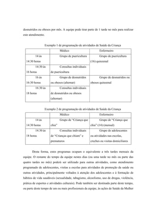 desnutridos ou obesos por mês. A equipe pode tirar parte de 1 tarde no mês para realizar
este atendimento.
Exemplo 1 de programação de atividades de Saúde da Criança
Médico Enfermeiro
14 às
14:30 horas
Grupo de puericultura Grupo de puericultura
(16) quinzenal
14:30 às
16 horas
Consultas individuais
de puericultura
16 às
16:30 horas
Grupo de desnutridos
ou obesos (alternar)
Grupo de desnutridos ou
obesos quinzenal
16:30 ás
18 horas
Consultas individuais
de desnutridos ou obesos
(alternar)
Exemplo 2 de programação de atividades de Saúde da Criança
Médico Enfermeiro
14 às
14:30 horas
Grupo de “Criança que
chia”
Grupo de “Criança que
chia” (14) (mensal)
14:30 às
18 horas
Consultas individuais
de “Crianças que chiam” e
prematuros
Grupo de adolescentes
ou atividades nas escolas,
creches ou visitas domiciliares
Desta forma, estes programas ocupam o equivalente a três tardes mensais da
equipe. O restante do tempo da equipe nestes dias (ou uma tarde no mês ou parte das
quatro tardes no mês) poderá ser utilizado para outras atividades, como atendimento
programado de adolescentes, visitas a escolas para atividades de promoção da saúde ou
outras atividades, principalmente voltados à atenção dos adolescentes e à formação de
hábitos de vida saudáveis (sexualidade, tabagismo, alcoolismo, uso de drogas, violência,
prática de esportes e atividades culturais). Pode também ser destinada parte deste tempo,
ou parte deste tempo de um ou mais profissionais da equipe, às ações de Saúde da Mulher
 