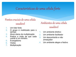 Características de uma célula forte
Pontos cruciais de uma célula
saudável
1. Um líder forte
2. O grupo é mobilizado para o
serviço
3. Alvos claros de multiplicação
4. Pratica a visão de que cada
crente é um ministro
5. Evangelismo
6. Visitas
7. Multiplicação
1. Um ambiente diretivo
2. Um ambiente facilitador
3. Um descontraído e não
ameaçador
4. Um ambiente alegre e festivo
Ambientes de uma célula
saudável
 