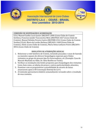 Associação Internacional de Lions Clubes

DISTRITO LA-4 - CEARÁ - BRASIL
Ano Leonístico 2013-2014

COMISSÃO DE HOSPEDAGEM E ACOMODAÇÃO
CCLL Manoel Coelho Lucio Junior (88)3691-2006 (Lions Clube de Crateús
Sertões), Francisco Jander Vasconcelos Melo (88)9968-1667 (Lions Clube de
Crateús), Manoel Nelinho Pereira Castro (88)9988-2312 (Lions Clube de Crateús
Sertões) CCaLL Maria de Lurdes Barbosa (88)3691-1440 (Lions Clube de
Crateús), Eliete (Lions Clube de Crateús), Maria Sônia Linhares Freire (88)36910016 (Lions Clube de Crateús)
1.

2.
3.
4.

INDICATIVO DE ATRIBUIÇÕES BÁSICAS
Relacionar a rede hoteleira de Crateús, incluindo pousadas e casas de fazenda
ou mansões capazes de oferecer hospedagens especiais para Clubes
visitantes ou grupo de pessoas tipo Ex-Governadores, etc (Exemplo: Casa do
Marcelo Machado no Adão, Dr. Neto Bonfim no Torão);
Verificar as instalações dos hotéis propostos para hospedagem dos visitantes
Lions, bem como, as tabelas de preços e outras particularidades atinentes;
Examinar com os proprietários a possibilidade de através de faixas
anunciarem apoio à XV Convenção Distrital do LA-4;
A Comissão apresentará relatório semanalmente versando sobre o resultado
de seus contatos.

55

 