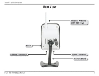 D-Link DCS-910/920 User Manual
Section 1 - Product Overview
Rear View
Camera Stand
Power Connector
Reset
Ethernet Connector
Wireless Antenna
(DCS-920 only)
 