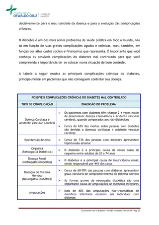decisivamente para o mau controle da doença e para a evolução das complicações
crônicas.


O diabetes é um dos mais sérios problemas de saúde pública em todo o mundo, não
só em função de suas graves complicações agudas e crônicas, mas, também, em
função dos altos custos sociais e financeiros que representa. É importante que você
conheça as possíveis complicações do diabetes mal controlado para que você
compreenda a importância de se colocar numa situação de bom controle.


A tabela a seguir mostra as principais complicações crônicas do diabetes,
principalmente em pacientes que não conseguem controlar sua doença.




        POSSÍVEIS COMPLICAÇÕES CRÔNICAS DO DIABETES MAL CONTROLADO

 TIPO DE COMPLICAÇÃO                         DIMENSÃO DO PROBLEMA

                                Os pacientes com diabetes têm chance 2-4 vezes maior
                                 de desenvolver doença coronariana e acidente vascular
    Doença Cardíaca e            cerebral, quando comparados aos não-diabéticos
Acidente Vascular Cerebral
                                Cerca de 65% das mortes entre pessoas com diabetes
                                 são devidas a doenças cardíacas e acidente vascular
                                 cerebral

   Hipertensão Arterial         Cerca de 73% das pessoas com diabetes apresentam
                                 hipertensão arterial
        Cegueira
                                O diabetes é a principal causa de novos casos de
 (Retinopatia Diabética)
                                 cegueira entre adultos de 20 a 74 anos
      Doença Renal
                                O diabetes é a principal causa de insuficiência renal,
  (Nefropatia Diabética)
                                 sendo responsável por 44% dos casos

                                Cerca de 60-70% das pessoas com diabetes apresentam
   Doenças do Sistema
                                 graus variáveis de comprometimento do sistema nervoso
         Nervoso
  (Neuropatia Diabética)
                                As formas graves de neuropatia diabética são uma
                                 importante causa de amputações de membros inferiores

                                Mais de 60% das amputações não-traumáticas de
       Amputações
                                 membros inferiores ocorrem em indivíduos com
                                 diabetes



                                             Convivendo com o diabetes – Versão completa - 09-set-09 – Pag. 15
 