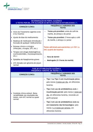 DETERMINAÇÃO DO PERFIL GLICÊMICO
      6 TESTES POR DIA, ATÉ ALCANÇAR AS METAS GLICÊMICAS ESTABELECIDAS (*)
                                                     FREQÜÊNCIA E HORÁRIOS DOS
          CONDIÇÃO CLÍNICA
                                                              TESTES

 Início do Tratamento (agentes orais         Testes pré-prandiais: antes do café da
  e/ou insulina)                               manhã, do almoço e do jantar

 Ajuste da dose do medicamento               Testes pós-prandiais: 2 horas após o café
                                               da manhã, o almoço e o jantar
 Mudança de medicação (Introdução /
  Exclusão de qualquer medicamento)

 Estresse clínico e cirúrgico            Testes adicionais para pacientes com DM1 ou
  (infecções, cirurgias, UTI, etc.)
                                          DM2 usuário de insulina:
 Terapia com drogas diabetogênicas
  (corticosteróides, imunossupressores,
  etc.)                                      Hora de dormir
 Episódios de hipoglicemias graves          Madrugada (2-3 horas da manhã)
 A1C elevada com glicemia de jejum
  normal

                           FASE DE ESTABILIZAÇÃO GLICÊMICA
                          FREQÜÊNCIA VARIÁVEL DE TESTES (**)
                                                     FREQÜÊNCIA E HORÁRIOS DOS
          CONDIÇÃO CLÍNICA
                                                              TESTES

                                             Tipo 1 ou Tipo 2 com insulinização plena:
                                              pelo menos 3 testes por dia, em diferentes
                                              horários

                                             Tipo 2 em uso de antidiabéticos orais +
                                              insulinização parcial: pelo menos 1 teste por
 Condição clínica estável. Baixa
  variabilidade nos resultados dos            dia, em diferentes horários, incluindo um
  testes, com A1C normal ou quase             perfil semanal
  normal
                                             Tipo 2 em uso de antidiabéticos orais ou
                                              em tratamento não-farmacológico: pelo
                                              menos 1 a 2 testes por semana, em
                                              diferentes horários




                                               Convivendo com o diabetes – Versão completa - 09-set-09 – Pag. 21
 