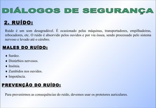 DIÁLOGOS DE SEGURANÇA 2. RUÍDO: Ruído é um som desagradável. É ocasionado pelas máquinas, transportadores, empilhadeiras, rebocadores, etc. O ruído é absorvido pelos ouvidos e por via óssea, sendo processado pelo sistema nervoso e levado até o cérebro. MALES DO RUÍDO:    Surdez.    Distúrbios nervosos.    Insônia.    Zumbidos nos ouvidos.    Impotência. PREVENÇÃO DO RUÍDO: Para prevenirmos as consequências do ruído, devemos usar os protetores auriculares. 