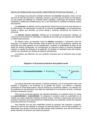 MANUAL DE FORMULACION, EVALUACION Y MONITOREO DE PROYECTOS SOCIALES                     7

      La tecnología de producción utilizada condiciona los insumos requeridos. Estos, son los
recursos de todo tipo (humanos, materiales, equipos y servicios) que se utilizan en el proyecto,
los que pueden ser definidos en unidades físicas (cantidad y calificación del personal, metros
cuadrados y calidad de la infraestructura, etc.) y son traducidos en unidades monetarias (costos
del proyecto).
      Los procesos, se definen como la organización racional de los insumos para alcanzar un
fin determinado. Se implementan a través de un conjunto de actividades, con procedimientos,
normas y reglas, que permiten, en forma directa o indirecta, transformar los insumos en
productos.
     La relación insumo producto, definida por la tecnología de producción utilizada, da
cuenta de la combinación de cantidades y calidades de insumos que se requieren para obtener
un determinado producto.
      En algunos casos, es necesario incluir los efectos (resultados o “outcomes”) entre los
productos y el impacto. Estos permiten medir el grado de uso de los productos, observar las
conductas que éstos generan en los beneficiarios y predecir la probabilidad de logro de las
metas de impacto perseguidas. Su consideración es esencial cuando el producto entregado
requiere un cambio de conducta en la población. Es también un estimador proxy del impacto,
cuando sus indicadores son difíciles de observar directamente.
      Los efectos, por definición son una condición necesaria pero no suficiente para el logro
del impacto.



                  Diagrama 1.4 El proceso productivo de la gestión social



   Insumos + Procesos/Actividades = Productos                                     Impactos


                                                                    Efectos


      Los pasos requeridos para generar y distribuir productos, son el componente interno del
proyecto o programa y se enmarcan en la gestión del mismo. Los efectos e impactos
constituyen el componente externo. Este se produce en la población objetivo, y su relación con
los productos es una estimación que debe ser explicitada en la evaluación ex-ante y verificada
durante la evaluación ex-post.
     Para que los productos generen los impactos esperados, es necesario tomar en cuenta
su sustentabilidad y sostenibilidad. Un programa o proyecto social es sustentable en la
medida que exista capacidad instalada (recursos físicos, humanos y financieros) para que los
procesos requeridos sean adecuadamente implementados. Es sostenible cuando los impactos
producidos perduran en el tiempo.
       Hay impactos que son sólo sostenibles durante la operación del programa o proyecto.
Este es el caso de los subsidios al consumo de servicios básicos, como el agua potable o la
electricidad, que ayudan a disminuir las NBI mientras están presentes, pero que al terminarse,
puede volverse a la situación que originó el proyecto.
 