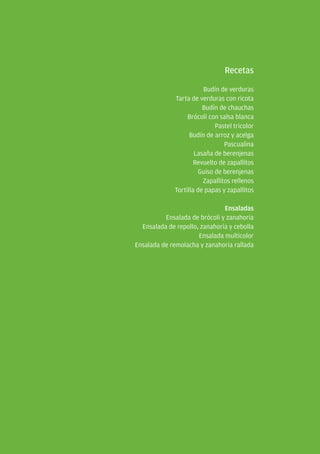 Manual de alimentación para las familias uruguayas




                                          Recetas

                                  Budín de verduras
                       Tarta de verduras con ricota
                                  Budín de chauchas
                            Brócoli con salsa blanca
                                       Pastel tricolor
                             Budín de arroz y acelga
                                          Pascualina
                               Lasaña de berenjenas
                               Revuelto de zapallitos
                                 Guiso de berenjenas
                                  Zapallitos rellenos
                       Tortilla de papas y zapallitos

                                        Ensaladas
                   Ensalada de brócoli y zanahoria
           Ensalada de repollo, zanahoria y cebolla
                               Ensalada multicolor
         Ensalada de remolacha y zanahoria rallada




40
 