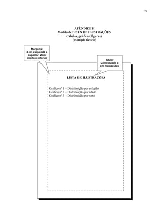 29




                                      APÊNDICE H
                           Modelo de LISTA DE ILUSTRAÇÕES
                                (tabelas, gráficos, figuras)
                                     (exemplo fictício)

   Margens:
3 cm esquerda e
 superior, 2cm
direita e inferior
                                                                   Título:
                                                                Centralizado e
                                                                em maiúsculas



                                   LISTA DE ILUSTRAÇÕES


                     Gráfico nº 1 – Distribuição por religião
                     Gráfico nº 2 – Distribuição por idade
                     Gráfico nº 3 – Distribuição por sexo
 