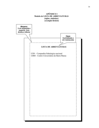 30



                                     APÊNDICE I
                        Modelo de LISTA DE ABREVIATURAS
                                   (siglas, símbolos)
                                   (exemplo fictício)

   Margens:
3 cm esquerda e
 superior, 2cm
direita e inferior

                                                            Título:
                                                         Centralizado e
                                                         em maiúsculas



                                LISTA DE ABREVIATURAS


                     CSN – Companhia Siderúrgica nacional
                     UBM – Centro Universitário de Barra Mansa
 