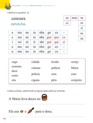 Palavra a Palavra – Livro de Apoio ao Método das 28 Palavras – Língua Portuguesa 1.º ano




      • Observa os quadros. Lê.
           cenoura                                                                                           ce nou        ra
          §cæe‰n@o£u¤r@a@                                                                                    ci            re
                                                                                                                           ri
           a           ma              na              ta          nha              ga             ca   –                  ro
           e           me              ne              te          nhe             gue            que   ce                 ru
           i           mi              ni              ti          nhi             gui            qui   ci
           o           mo              no              to          nho             go              co   –
           u           mu              nu              tu          nhu             gu              cu   –


           cego                                    cidade                                   tecido                cereja
           cenoura                                 cinema                                   palácio               Maria
           doce
           cesto                                   polícia                                  cera                  caro
           céu                                     cigana                                   pêra                  cerejeira


      • Copia as frases, substituindo as figuras pelas palavras correctas.

        A Maria leva doces no                                                       .


        Ela usa                      e                     para o doce.
102
 