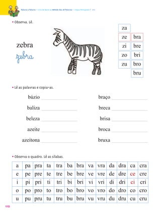 Palavra a Palavra – Livro de Apoio ao Método das 28 Palavras – Língua Portuguesa 1.º ano




      • Observa. Lê.
                                                                                                                   za
                                                                                                                   ze    bra
        zebra                                                                                                      zi    bre
        ﬂzæe¤b£r@a@                                                                                                zo    bri
                                                                                                                   zu    bro
                                                                                                                         bru

      • Lê as palavras e copia-as.
                    búzio                                                                              braço

                   baliza                                                                              breca

                  beleza                                                                               brisa

                   azeite                                                                              broca

             azeitona                                                                                  bruxa


      • Observa o quadro. Lê as sílabas.
        a       pa         pra            ta         tra          ba         bra           va          vra   da   dra   ca   cra
        e       pe         pre            te         tre          be         bre           ve          vre   de   dre   ce   cre
        i       pi         pri            ti         tri          bi         bri           vi          vri   di   dri   ci   cri
        o       po         pro            to         tro          bo         bro           vo          vro   do   dro   co   cro
        u       pu         pru            tu         tru          bu         bru           vu          vru   du   dru   cu   cru
110
 