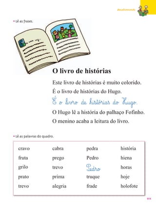 Amadurecendo



• Lê as frases.




                          O livro de histórias
                          Este livro de histórias é muito colorido.
                          É o livro de histórias do Hugo.
                          É §o£ ﬂl@i¤v£r@o£ §dæe@ ﬂh@i¤s¤t@ó£r@i@a¤ß §d@o£ H@u@g@o£.
                          O Hugo lê a história do palhaço Fofinho.
                          O menino acaba a leitura do livro.

• Lê as palavras do quadro.

   cravo                  cabra                  pedra                   história
   fruta                  prego                  Pedro                   hiena
   grilo                  trevo                  Pæe@d¤r@o£             horas
   prato                  prima                  truque                  hoje
   trevo                  alegria                frade                   holofote

                                                                                        111
 