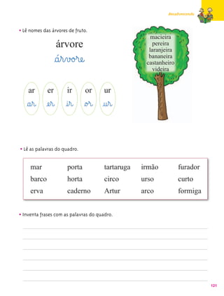 Amadurecendo



• Lê nomes das árvores de fruto.
                                                      macieira
                  árvore                               pereira
                                                     laranjeira
                  §á¤r¤v£o£ræe@                      bananeira
                                                    castanheiro
                                                      videira


    ar       er        ir         or   ur
   §a¤r@ æe¤r@ @i¤r@ §o£r@ @u¤r@


• Lê as palavras do quadro.

     mar               porta           tartaruga   irmão          furador
     barco             horta           circo       urso           curto
     erva              caderno         Artur       arco           formiga


• Inventa frases com as palavras do quadro.




                                                                            121
 
