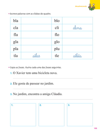 Amadurecendo



• Escreve palavras com as sílabas do quadro.

       bla                                       blo
       cla                                       cli             §c¤l@i‰m@a@
       fla                                       flo
       gla                                       glo
       pla                                       plu
       tla                §a¤t¤l@a¤ß             tle             §a¤t¤læe¤t@a@
• Copia as frases. Ilustra cada uma das frases seguintes.
  1.   O Xavier tem uma bicicleta nova.


  2.   Ele gosta de passear no jardim.


  3.   No jardim, encontra a amiga Cláudia.


  1.                               2.                       3.




                                                                                  135
 