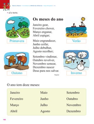 Palavra a Palavra – Livro de Apoio ao Método das 28 Palavras – Língua Portuguesa 1.º ano




      • Lê o texto.

                                                     Os meses do ano
                                                     Janeiro gear,
                                                     Fevereiro chover,
                                                     Março enganar,
                                                     Abril espigar;
         Primavera                                   Maio engrandecer,                                        Verão
                                                     Junho ceifar,
                                                     Julho debulhar,
                                                     Agosto recolher;
                                                     Setembro vindimar,
                                                     Outubro revolver,
                                                     Novembro semear,
                                                     Dezembro nascer
                                                     Deus para nos salvar.
           Outono                                                                                Popular
                                                                                                             Inverno


      O ano tem doze meses:

         Janeiro                                                    Maio                                   Setembro
         Fevereiro                                                  Junho                                  Outubro
         Março                                                      Julho                                  Novembro
         Abril                                                      Agosto                                 Dezembro

140
 