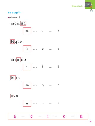 mæe@
                                                      Desabrochando


As vogais
• Observa. Lê.
  meni na
                     na           a           a


  le que
                     le           e           e


  me ni no
                     ni           i           i


  b o ta
                     bo           o           o


  u va
                     u            u           u


      a          –        e   –       i   –       o   –        u
                                                                             57
 