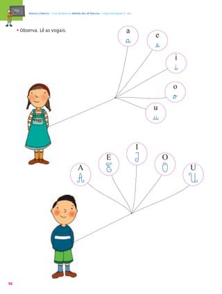 mæe@   Palavra a Palavra – Livro de Apoio ao Método das 28 Palavras – Língua Portuguesa 1.º ano




       • Observa. Lê as vogais.                                                                a
                                                                                                            e
                                                                                               §a@          æe@
                                                                                                                       i
                                                                                                                       @i@
                                                                                                                      o
                                                                                                                      §o£
                                                                                                           u
                                                                                                           @u@

                                                                                                       I
                                                                              E                        I          O
                                                     A                        E                                   O          U
                                                     A                                                                       U




58
 