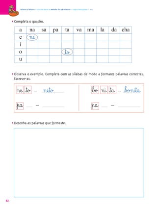 Palavra a Palavra – Livro de Apoio ao Método das 28 Palavras – Língua Portuguesa 1.º ano




     • Completa o quadro.
         a na sa                                 pa             ta           va ma                    la     da cha
         e          næe@
          i
         o                                                      ﬂt@o£
         u

     • Observa o exemplo. Completa com as sílabas de modo a formares palavras correctas.
      Escreve-as.


        næe@ ﬂt@o£ – næe¤t@o£                                                                    ﬂb£o£ n@i@ ﬂt@a@ – ﬂb£o£n@i¤t@a@
        ﬂp@a@ –                                                                                  ﬂp@a@ –
     • Desenha as palavras que formaste.




82
 