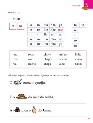 Florescendo



• Observa. Lê.
      rato
    ra       to           a       ra     lha      nha      ga                ra          to
                          e       re     lhe      nhe      gue               re
                          i       ri     lhi      nhi      gui               ri
                          o       ro     lho      nho      go                ro
                          u       ru     lhu      nhu      gu
                                                                             ru

      rato             roda               chuva             milho             linho
      rede             rio                chapéu            abelha            vinho
      rua              riacho             chapa             alho              banho


• Lê. Copia as frases, substituindo as figuras pelas palavras correctas.

  O               come o queijo.


  Éo                   da mãe da Anita.


  A              pica o            do Jaime.

                                                                                              95
 