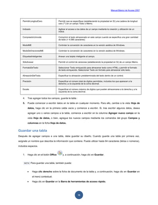 Manual Básico de Access 2007




    PermitirLongitudCero                Permitir que se especifique (estableciendo la propiedad en Sí) una cadena de longitud
                                        cero ("") en un campo Texto o Memo.

    Indizado                            Agilizar el acceso a los datos de un campo mediante la creación y utilización de un
                                        índice.

    CompresiónUnicode                   Comprimir el texto almacenado en este campo cuando se especifica una gran cantidad
                                        de texto (> 4.096 caracteres)

    ModoIME                             Controlar la conversión de caracteres en la versión asiática de Windows.

    ModoDeOracionesIME                  Controlar la conversión de caracteres en la versión asiática de Windows.

    EtiquetasInteligentes               Anexar una tarjeta inteligente al campo.

    SóloAnexar                          Permitir el control de versiones (estableciendo la propiedad en Sí) de un campo Memo.

    FormatoDeTexto                      Seleccionar Texto enriquecido para almacenar texto como HTML y permitir el formato
                                        de texto enriquecido. Seleccionar Texto sin formato para almacenar sólo texto.

    AlineaciónDelTexto                  Especificar la alineación predeterminada del texto dentro de un control.

    Precisión                           Especificar el número total de dígitos permitidos, incluidos los que aparecen a la
                                        derecha y a la izquierda de la coma decimal.

    Escala                              Especificar el número máximo de dígitos que pueden almacenarse a la derecha y a la
                                        izquierda de la coma decimal.


    4.   Tras agregar todos los campos, guarde la tabla :

    5.   Puede comenzar a escribir datos en la tabla en cualquier momento. Para ello, cambie a la vista Hoja de

         datos, haga clic en la primera celda vacía y comience a escribir. Si, tras escribir algunos datos, desea

         agregar uno o varios campos a la tabla, comience a escribir en la columna Agregar nuevo campo en la

         vista Hoja de datos, o bien, agregue los nuevos campos mediante los comandos del grupo Campos y

         columnas en la ficha Hoja de datos.


Guardar una tabla
Después de agregar campos a una tabla, debe guardar su diseño. Cuando guarde una tabla por primera vez,

asígnele un nombre que describa la información que contiene. Puede utilizar hasta 64 caracteres (letras o números),

incluidos espacios.


    1.   Haga clic en el botón Office       y, a continuación, haga clic en Guardar.


     NOTA      Para guardar una tabla, también puede:


               Haga clic derecho sobre la ficha de documento de la tabla y, a continuación, haga clic en Guardar en

                el menú contextual.

               Haga clic en Guardar en la Barra de herramientas de acceso rápido.




                                                             15
 
