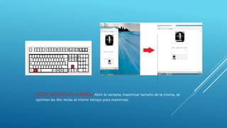 TECLA WINDOWS+ARRIBA: Abrir la ventana, maximizar tamaño de la misma, se
oprimen las dos teclas al mismo tiempo para maximizar.
 