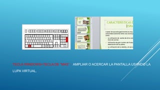 TECLA WINDOWS+TECLA DE “MAS” : AMPLIAR O ACERCAR LA PANTALLA USANDO LA
LUPA VIRTUAL.
 