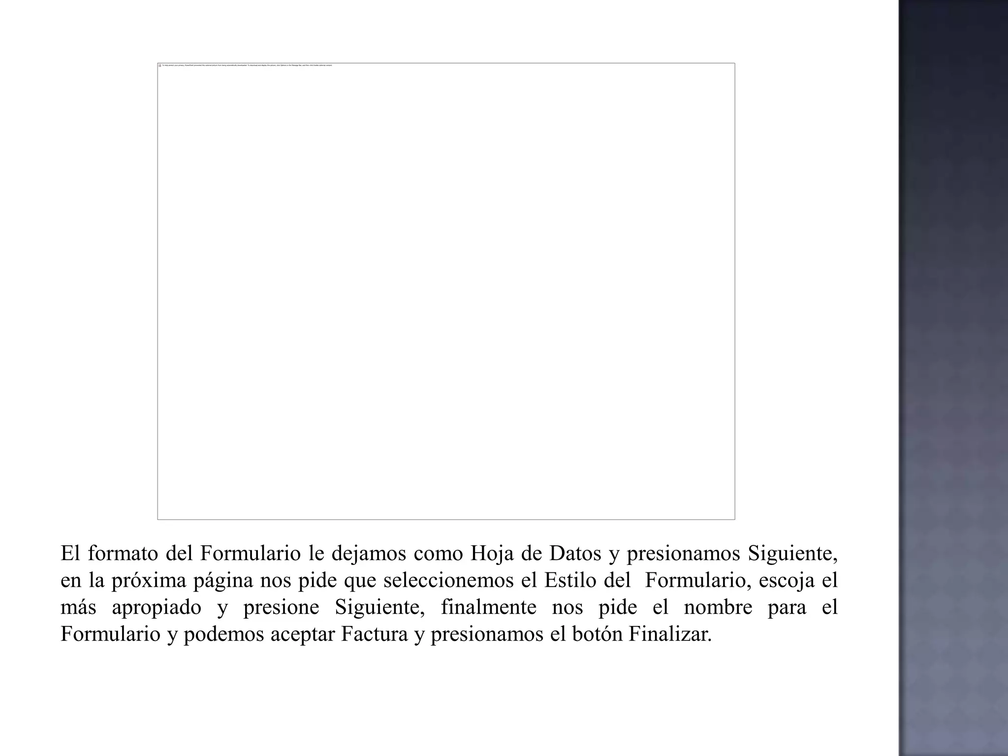 Para crear una Consulta selecciones Nueva Consulta Utilizando el asistente, seleccione la Tabla Libro que desea en caso de que sea un solo ítem de un clic sobre > y si se necesita todos los campos de una tabla especifica seleccione >>, siga con este procedimiento las veces que sea necesaria luego de clic 3 veces en SIGUIENTE y por ultimo de clic en FINALIZAR.