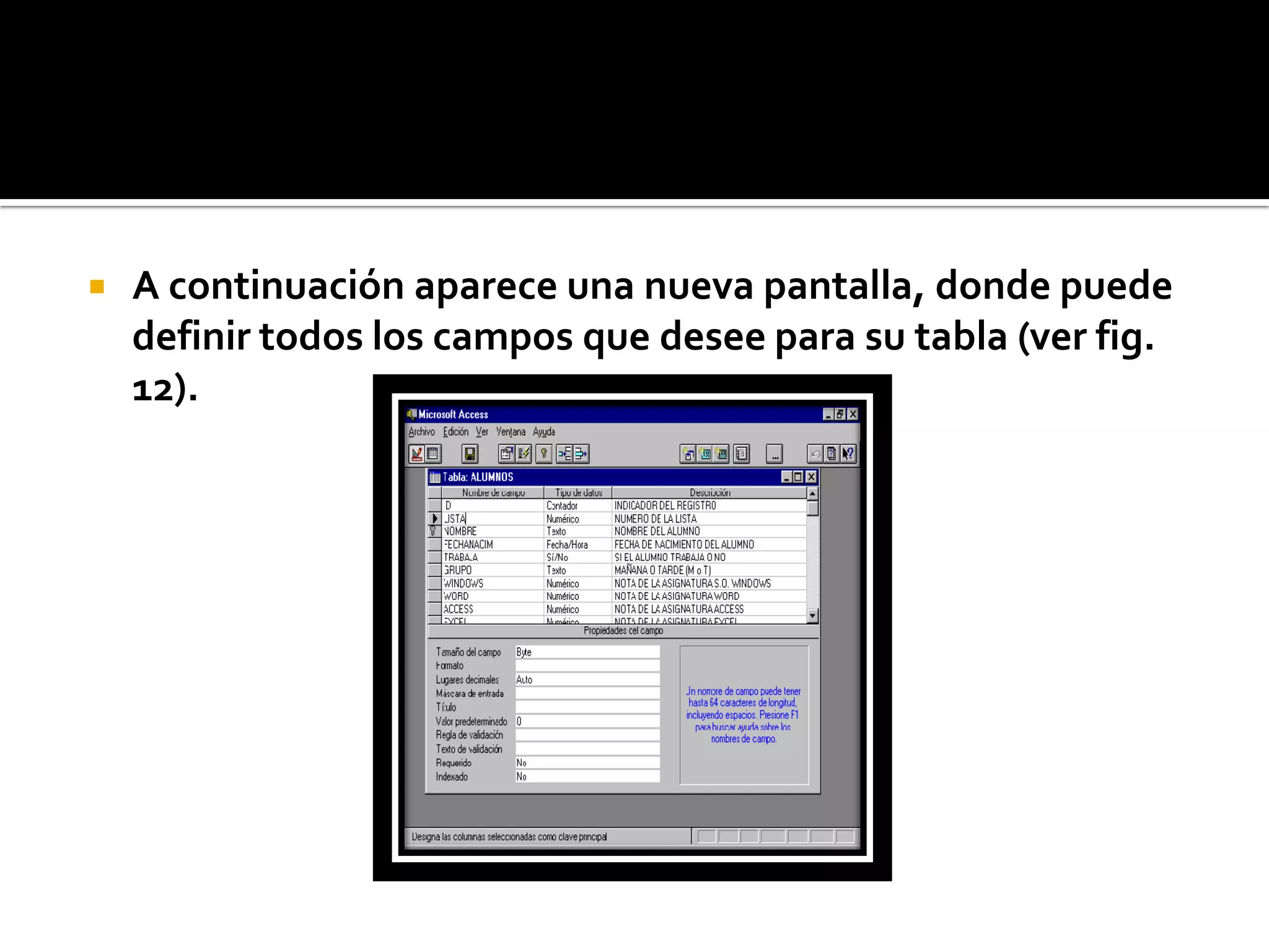  A continuación aparece una nueva pantalla, donde puede
definir todos los campos que desee para su tabla (ver fig.
12).
 
