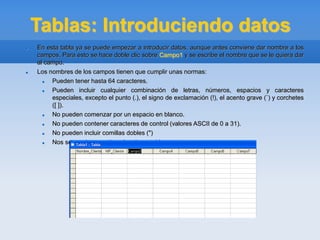 Tablas: Introduciendo datos
 En esta tabla ya se puede empezar a introducir datos, aunque antes conviene dar nombre a los
campos. Para esto se hace doble clic sobre Campo1 y se escribe el nombre que se le quiera dar
al campo.
 Los nombres de los campos tienen que cumplir unas normas:
 Pueden tener hasta 64 caracteres.
 Pueden incluir cualquier combinación de letras, números, espacios y caracteres
especiales, excepto el punto (.), el signo de exclamación (!), el acento grave (`) y corchetes
([ ]).
 No pueden comenzar por un espacio en blanco.
 No pueden contener caracteres de control (valores ASCII de 0 a 31).
 No pueden incluir comillas dobles (")
 Nos se pueden repetir en la misma tabla.
 