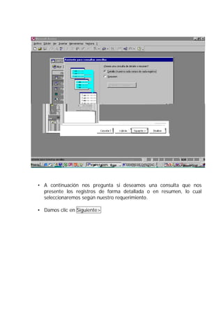 • A continuación nos pregunta si deseamos una consulta que nos
  presente los registros de forma detallada o en resumen, lo cual
  seleccionaremos según nuestro requerimiento.

• Damos clic en Siguiente>
 