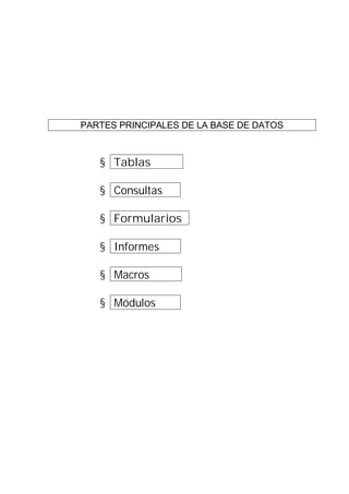 PARTES PRINCIPALES DE LA BASE DE DATOS
§ Tablas .
§ Consultas .
§ Formularios .
§ Informes .
§ Macros .
§ Módulos .
 