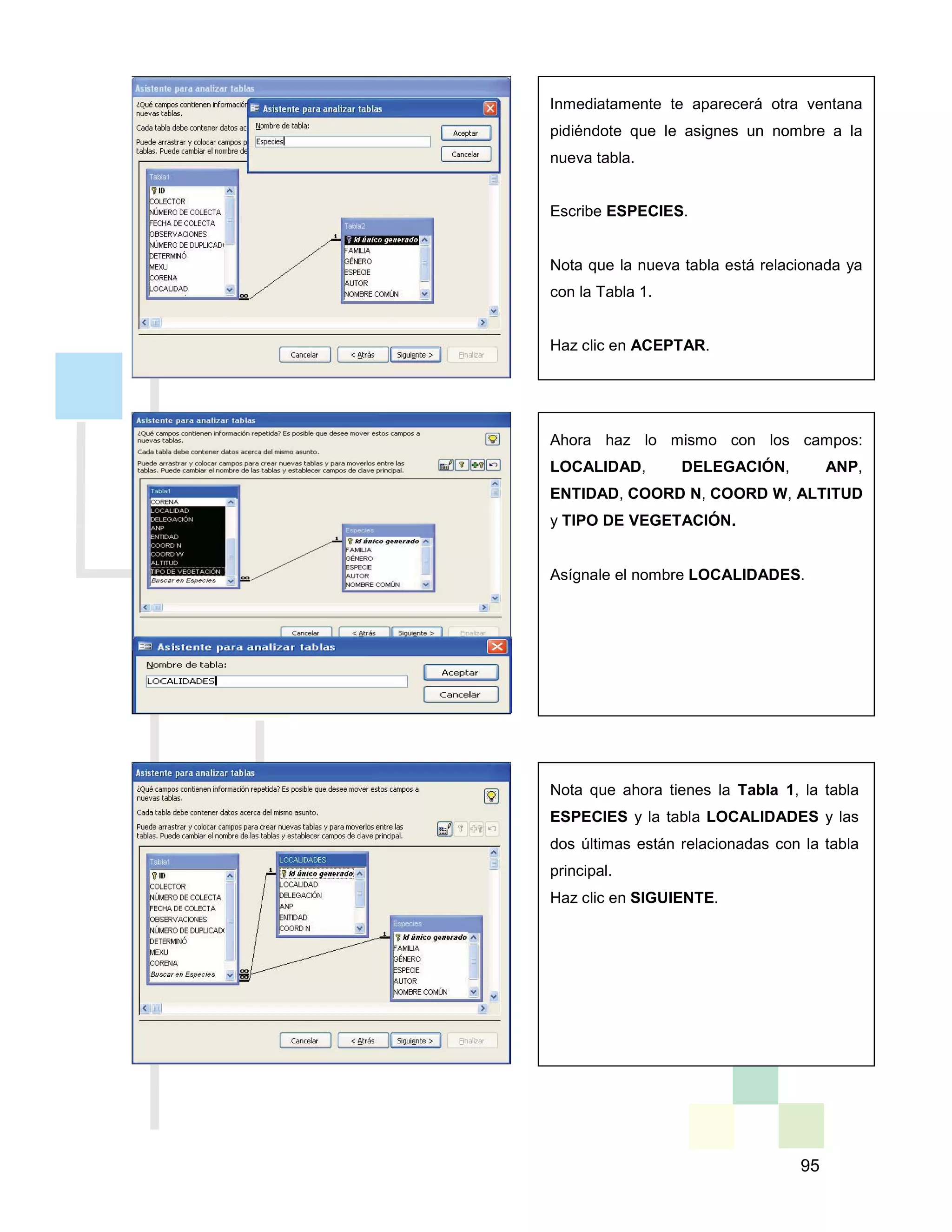 95
Inmediatamente te aparecerá otra ventana
pidiéndote que le asignes un nombre a la
nueva tabla.
Escribe ESPECIES.
Nota que la nueva tabla está relacionada ya
con la Tabla 1.
Haz clic en ACEPTAR.
Ahora haz lo mismo con los campos:
LOCALIDAD, DELEGACIÓN, ANP,
ENTIDAD, COORD N, COORD W, ALTITUD
y TIPO DE VEGETACIÓN.
Asígnale el nombre LOCALIDADES.
Nota que ahora tienes la Tabla 1, la tabla
ESPECIES y la tabla LOCALIDADES y las
dos últimas están relacionadas con la tabla
principal.
Haz clic en SIGUIENTE.
 
