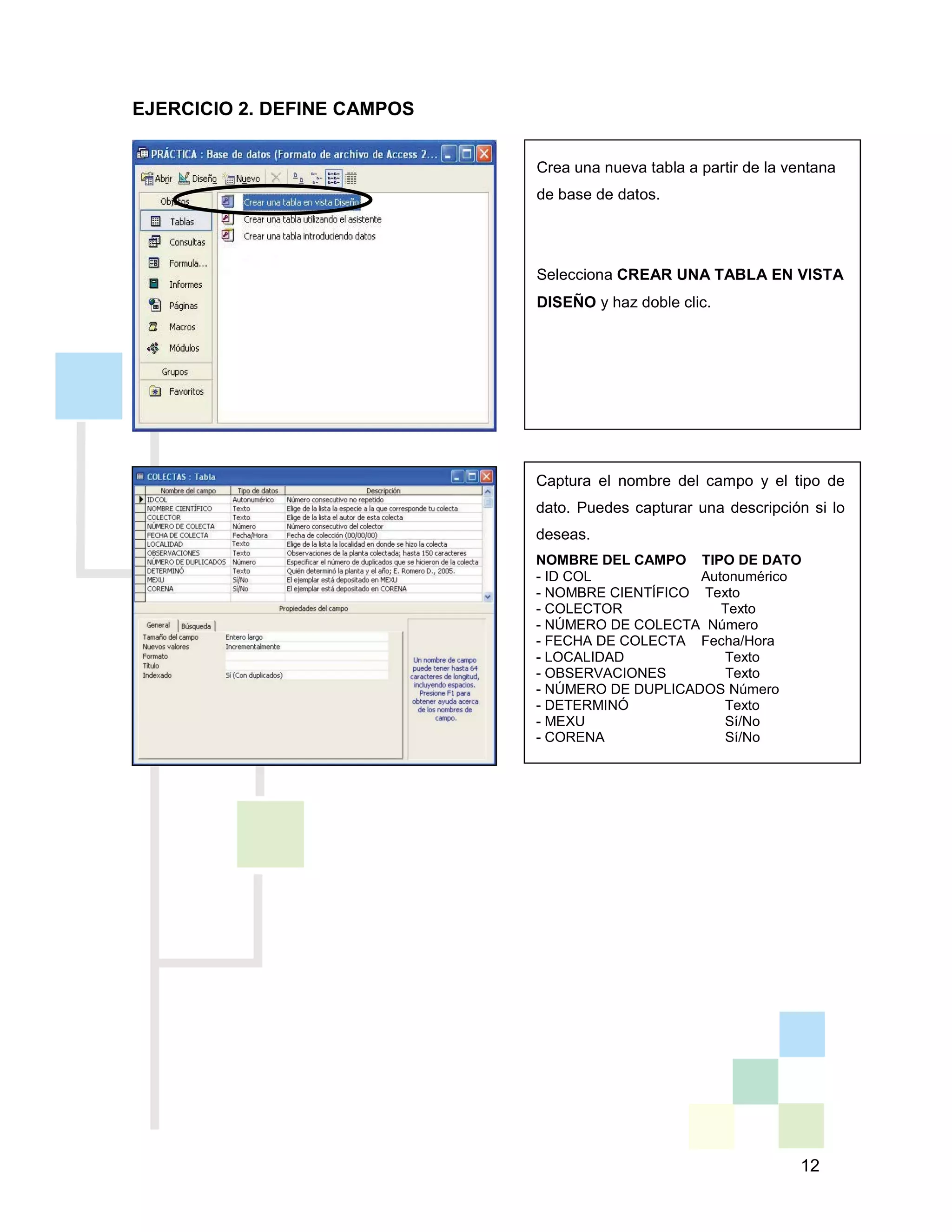 12
EJERCICIO 2. DEFINE CAMPOS
Crea una nueva tabla a partir de la ventana
de base de datos.
Selecciona CREAR UNA TABLA EN VISTA
DISEÑO y haz doble clic.
Captura el nombre del campo y el tipo de
dato. Puedes capturar una descripción si lo
deseas.
NOMBRE DEL CAMPO TIPO DE DATO
- ID COL Autonumérico
- NOMBRE CIENTÍFICO Texto
- COLECTOR Texto
- NÚMERO DE COLECTA Número
- FECHA DE COLECTA Fecha/Hora
- LOCALIDAD Texto
- OBSERVACIONES Texto
- NÚMERO DE DUPLICADOS Número
- DETERMINÓ Texto
- MEXU Sí/No
- CORENA Sí/No
 