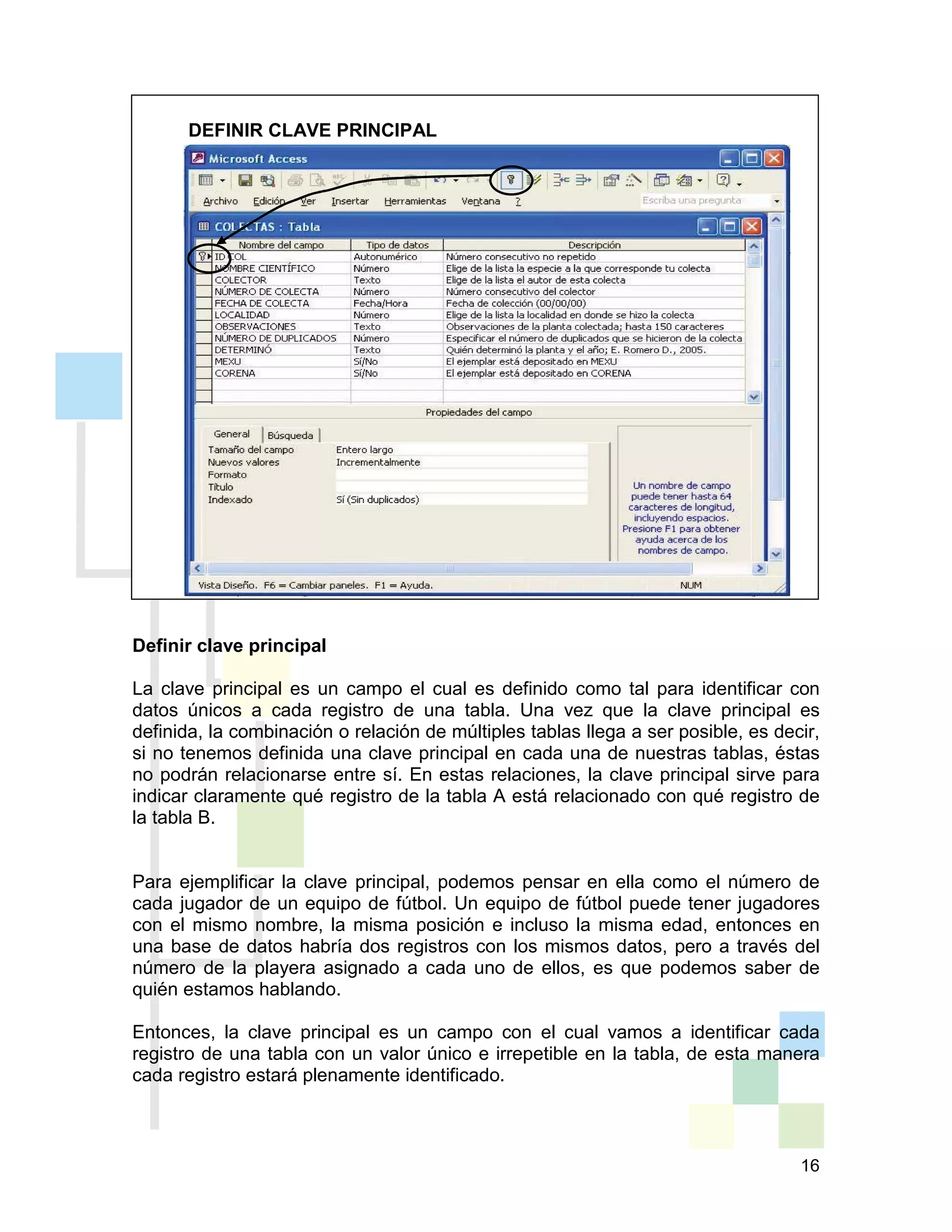 16
DEFINIR CLAVE PRINCIPAL
Definir clave principal
La clave principal es un campo el cual es definido como tal para identificar con
datos únicos a cada registro de una tabla. Una vez que la clave principal es
definida, la combinación o relación de múltiples tablas llega a ser posible, es decir,
si no tenemos definida una clave principal en cada una de nuestras tablas, éstas
no podrán relacionarse entre sí. En estas relaciones, la clave principal sirve para
indicar claramente qué registro de la tabla A está relacionado con qué registro de
la tabla B.
Para ejemplificar la clave principal, podemos pensar en ella como el número de
cada jugador de un equipo de fútbol. Un equipo de fútbol puede tener jugadores
con el mismo nombre, la misma posición e incluso la misma edad, entonces en
una base de datos habría dos registros con los mismos datos, pero a través del
número de la playera asignado a cada uno de ellos, es que podemos saber de
quién estamos hablando.
Entonces, la clave principal es un campo con el cual vamos a identificar cada
registro de una tabla con un valor único e irrepetible en la tabla, de esta manera
cada registro estará plenamente identificado.
 