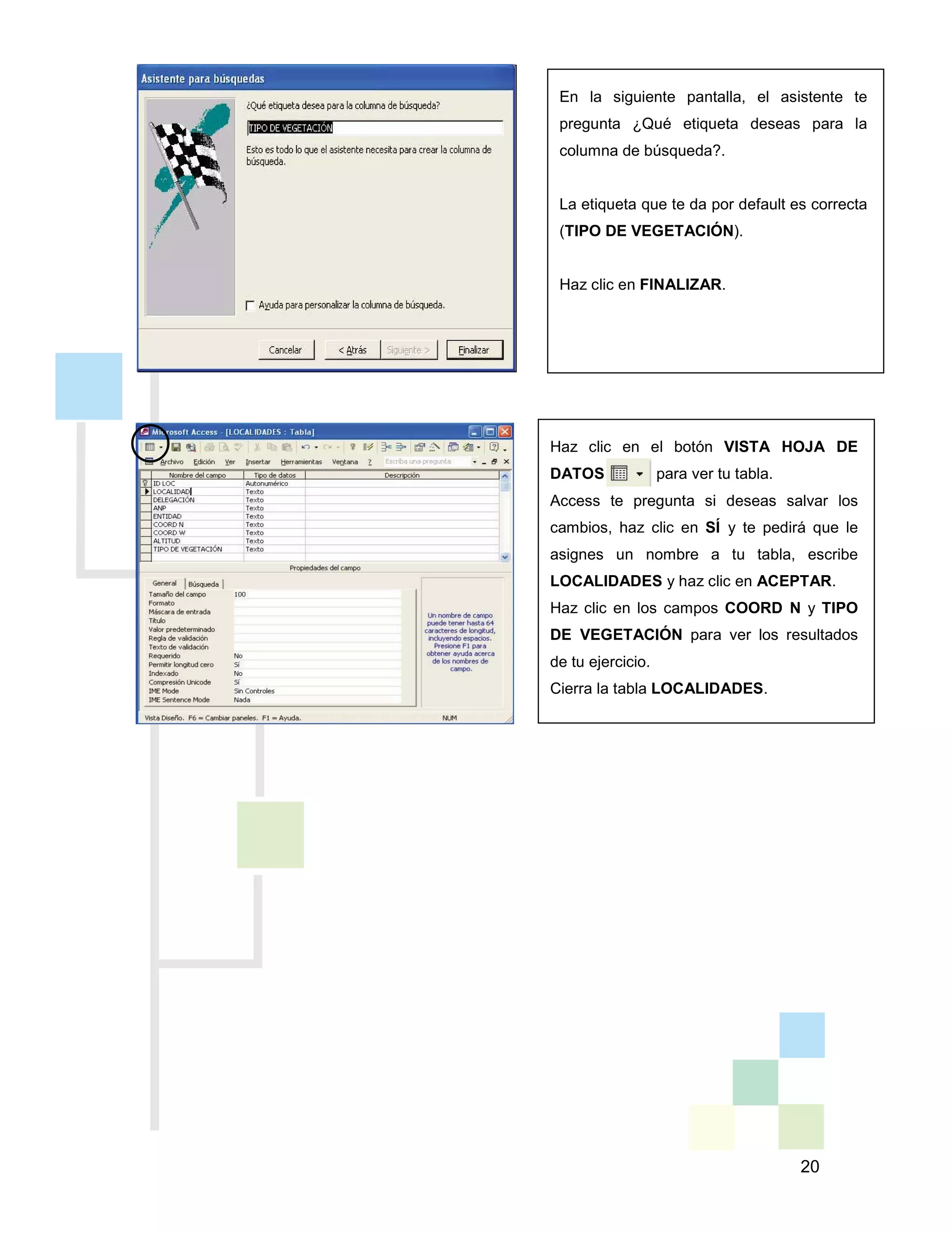 20
En la siguiente pantalla, el asistente te
pregunta ¿Qué etiqueta deseas para la
columna de búsqueda?.
La etiqueta que te da por default es correcta
(TIPO DE VEGETACIÓN).
Haz clic en FINALIZAR.
Haz clic en el botón VISTA HOJA DE
DATOS para ver tu tabla.
Access te pregunta si deseas salvar los
cambios, haz clic en SÍ y te pedirá que le
asignes un nombre a tu tabla, escribe
LOCALIDADES y haz clic en ACEPTAR.
Haz clic en los campos COORD N y TIPO
DE VEGETACIÓN para ver los resultados
de tu ejercicio.
Cierra la tabla LOCALIDADES.
 