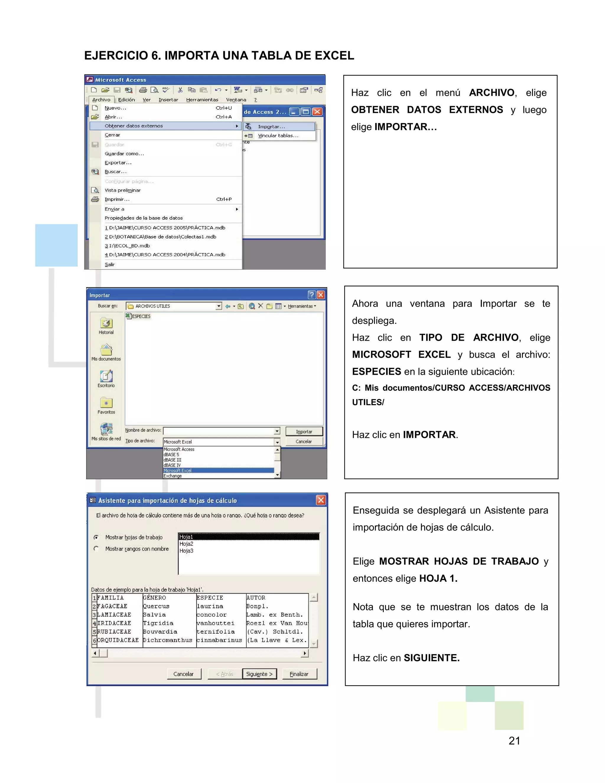 21
Haz clic en el menú ARCHIVO, elige
OBTENER DATOS EXTERNOS y luego
elige IMPORTAR…
Ahora una ventana para Importar se te
despliega.
Haz clic en TIPO DE ARCHIVO, elige
MICROSOFT EXCEL y busca el archivo:
ESPECIES en la siguiente ubicación:
C: Mis documentos/CURSO ACCESS/ARCHIVOS
UTILES/
Haz clic en IMPORTAR.
Enseguida se desplegará un Asistente para
importación de hojas de cálculo.
Elige MOSTRAR HOJAS DE TRABAJO y
entonces elige HOJA 1.
Nota que se te muestran los datos de la
tabla que quieres importar.
Haz clic en SIGUIENTE.
EJERCICIO 6. IMPORTA UNA TABLA DE EXCEL
 