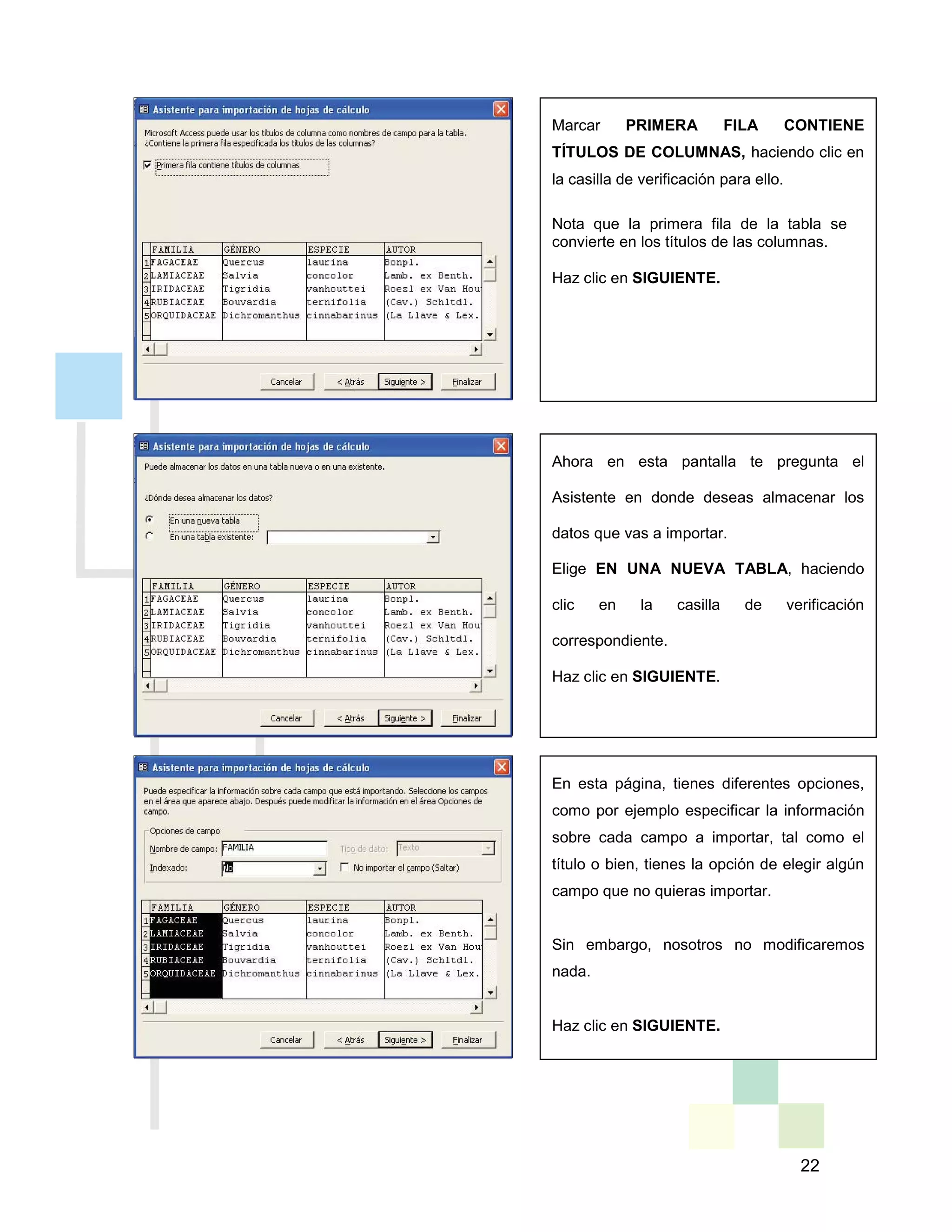22
Marcar PRIMERA FILA CONTIENE
TÍTULOS DE COLUMNAS, haciendo clic en
la casilla de verificación para ello.
Nota que la primera fila de la tabla se
convierte en los títulos de las columnas.
Haz clic en SIGUIENTE.
Ahora en esta pantalla te pregunta el
Asistente en donde deseas almacenar los
datos que vas a importar.
Elige EN UNA NUEVA TABLA, haciendo
clic en la casilla de verificación
correspondiente.
Haz clic en SIGUIENTE.
En esta página, tienes diferentes opciones,
como por ejemplo especificar la información
sobre cada campo a importar, tal como el
título o bien, tienes la opción de elegir algún
campo que no quieras importar.
Sin embargo, nosotros no modificaremos
nada.
Haz clic en SIGUIENTE.
 