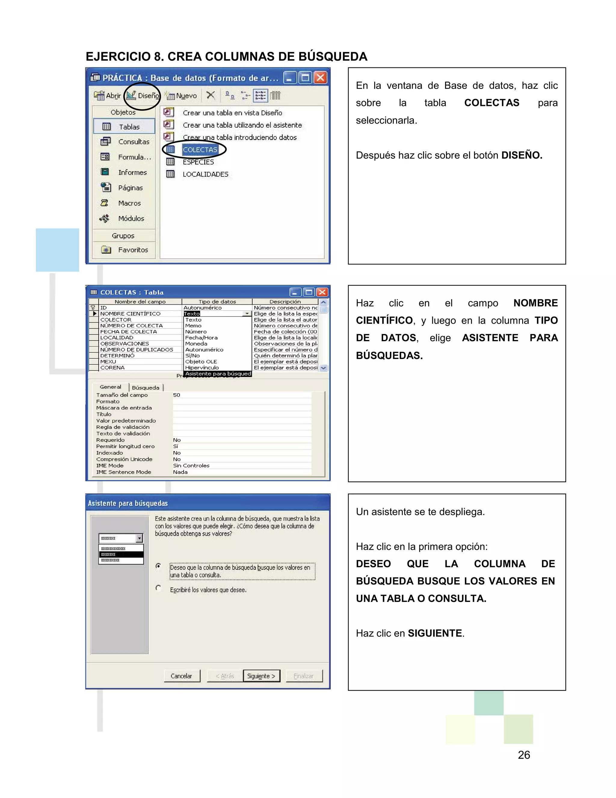 26
En la ventana de Base de datos, haz clic
sobre la tabla COLECTAS para
seleccionarla.
Después haz clic sobre el botón DISEÑO.
Haz clic en el campo NOMBRE
CIENTÍFICO, y luego en la columna TIPO
DE DATOS, elige ASISTENTE PARA
BÚSQUEDAS.
Un asistente se te despliega.
Haz clic en la primera opción:
DESEO QUE LA COLUMNA DE
BÚSQUEDA BUSQUE LOS VALORES EN
UNA TABLA O CONSULTA.
Haz clic en SIGUIENTE.
EJERCICIO 8. CREA COLUMNAS DE BÚSQUEDA
 