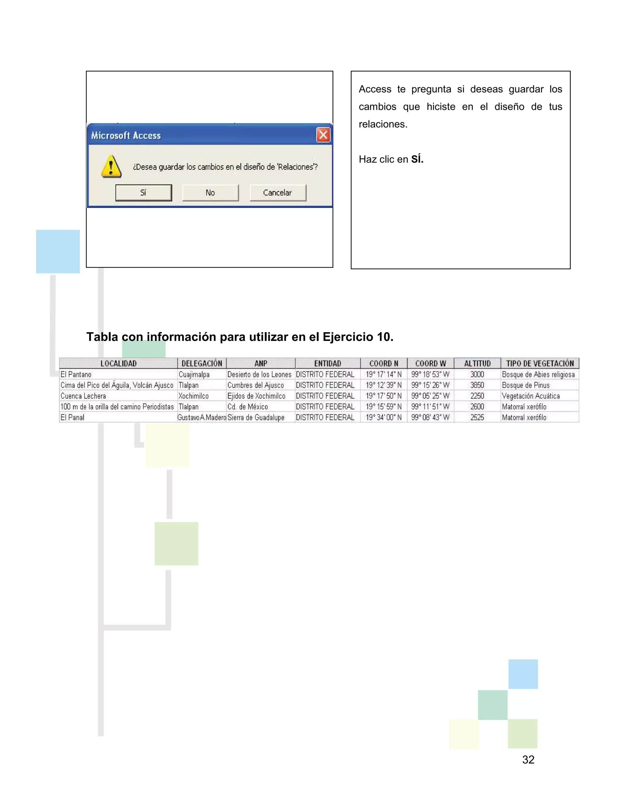 32
Access te pregunta si deseas guardar los
cambios que hiciste en el diseño de tus
relaciones.
Haz clic en SÍ.
Tabla con información para utilizar en el Ejercicio 10.
 