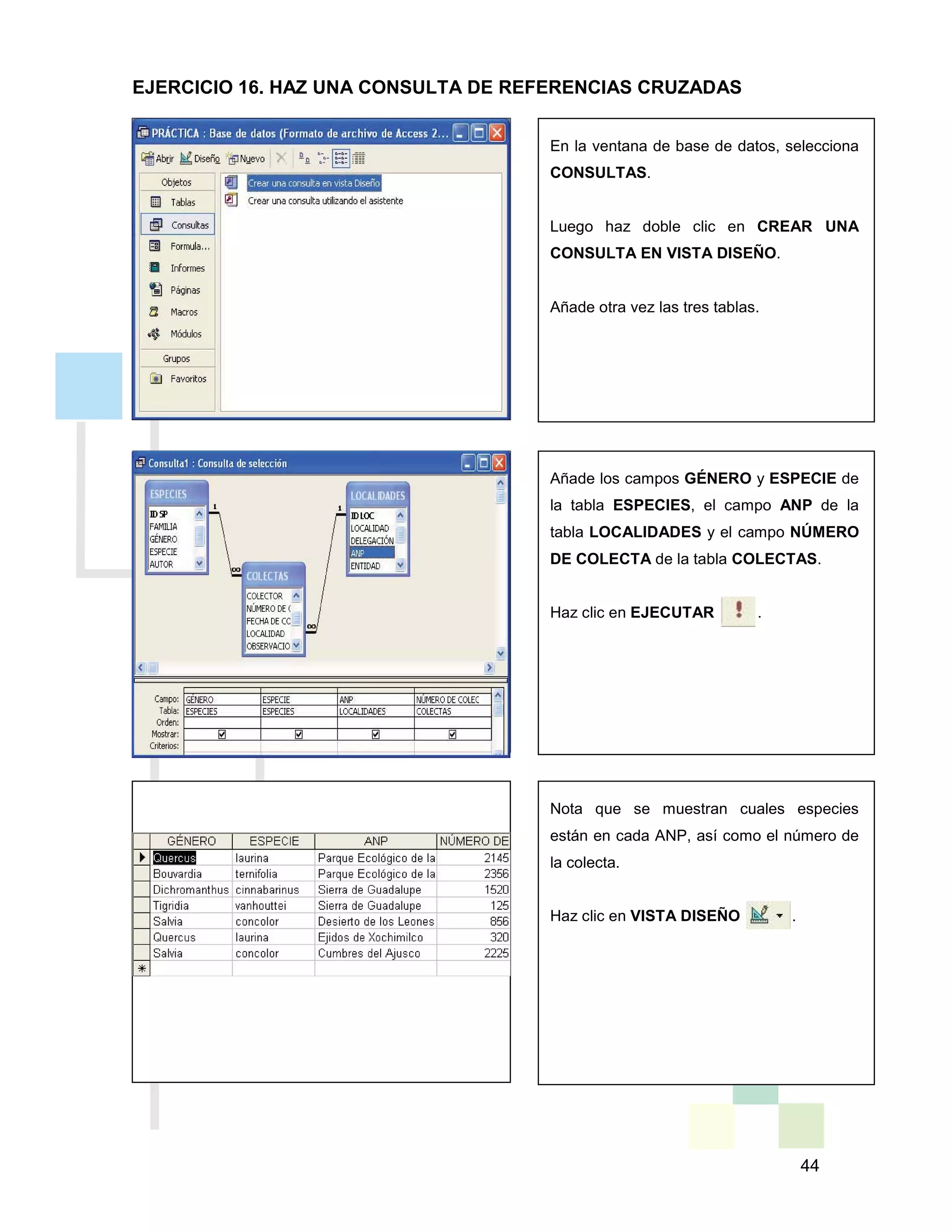 44
Añade los campos GÉNERO y ESPECIE de
la tabla ESPECIES, el campo ANP de la
tabla LOCALIDADES y el campo NÚMERO
DE COLECTA de la tabla COLECTAS.
Haz clic en EJECUTAR .
En la ventana de base de datos, selecciona
CONSULTAS.
Luego haz doble clic en CREAR UNA
CONSULTA EN VISTA DISEÑO.
Añade otra vez las tres tablas.
Nota que se muestran cuales especies
están en cada ANP, así como el número de
la colecta.
Haz clic en VISTA DISEÑO .
EJERCICIO 16. HAZ UNA CONSULTA DE REFERENCIAS CRUZADAS
 