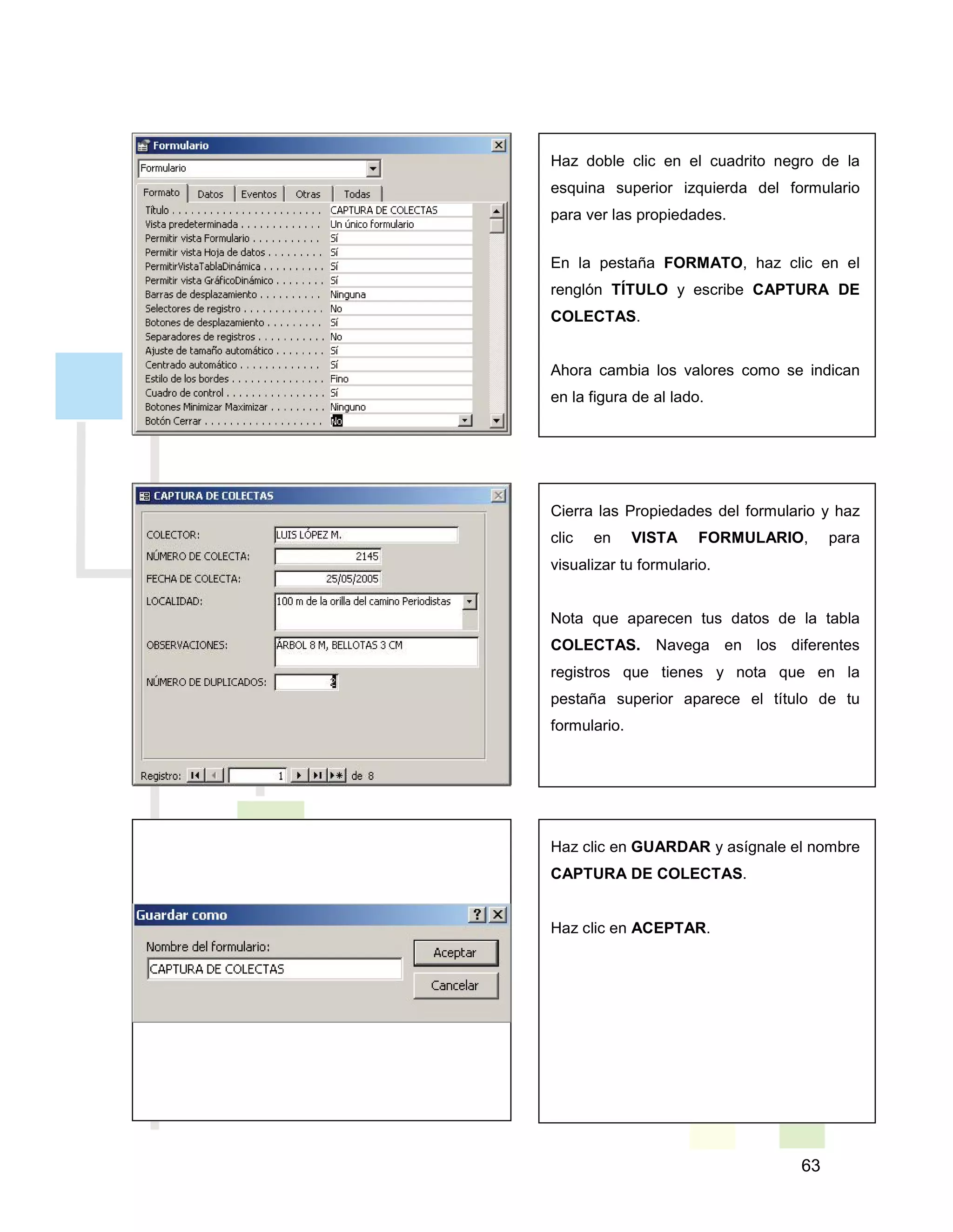 63
Haz clic en GUARDAR y asígnale el nombre
CAPTURA DE COLECTAS.
Haz clic en ACEPTAR.
Haz doble clic en el cuadrito negro de la
esquina superior izquierda del formulario
para ver las propiedades.
En la pestaña FORMATO, haz clic en el
renglón TÍTULO y escribe CAPTURA DE
COLECTAS.
Ahora cambia los valores como se indican
en la figura de al lado.
Cierra las Propiedades del formulario y haz
clic en VISTA FORMULARIO, para
visualizar tu formulario.
Nota que aparecen tus datos de la tabla
COLECTAS. Navega en los diferentes
registros que tienes y nota que en la
pestaña superior aparece el título de tu
formulario.
 