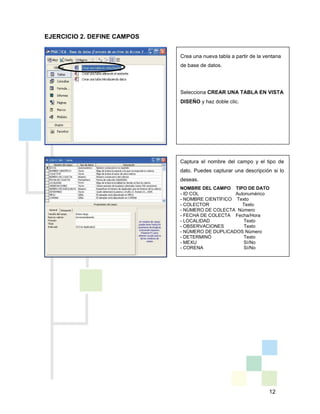 12
EJERCICIO 2. DEFINE CAMPOS
Crea una nueva tabla a partir de la ventana
de base de datos.
Selecciona CREAR UNA TABLA EN VISTA
DISEÑO y haz doble clic.
Captura el nombre del campo y el tipo de
dato. Puedes capturar una descripción si lo
deseas.
NOMBRE DEL CAMPO TIPO DE DATO
- ID COL Autonumérico
- NOMBRE CIENTÍFICO Texto
- COLECTOR Texto
- NÚMERO DE COLECTA Número
- FECHA DE COLECTA Fecha/Hora
- LOCALIDAD Texto
- OBSERVACIONES Texto
- NÚMERO DE DUPLICADOS Número
- DETERMINÓ Texto
- MEXU Sí/No
- CORENA Sí/No
 