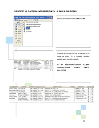 37
Captura la información que se señala en la
tabla de abajo. Si lo deseas, también
puedes abrir el archivo desde:
C: Mis documentos/CURSO ACCESS
2005/ARCHIVOS UTILES/ DATOS
COLECTAS.
Abre nuevamente la tabla COLECTAS.
EJERCICIO 13. CAPTURA INFORMACIÓN EN LA TABLA COLECTAS
 