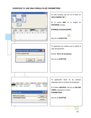 43
En esta consulta, haz clic en el botón de
VISTA DISEÑO .
En el campo ANP, en el renglón de
CRITERIOS, escribe:
[FROM]![Localidades]![ANP]
Haz clic en EJECUTAR .
Te aparecerá una ventana que te pedirá el
valor del parámetro.
Escribe: Sierra de Guadalupe
Haz clic en ACEPTAR.
Te aparecerán datos de las colectas
realizadas sólo en la Sierra de Guadalupe.
En el Menú ARCHIVO, Haz clic en SALVAR
COMO y asígnale el nombre:
PARÁMETROS.
Haz clic en ACEPTAR.
EJERCICIO 15. HAZ UNA CONSULTA DE PARÁMETROS
 